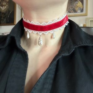 Red and White Baroque Pearl Choker, Christmas Necklace, Lolita Choker, Gothic